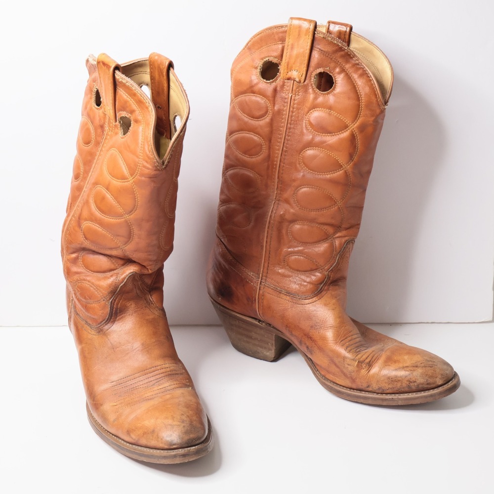 Double H Cognac Brown Leather Pull On Cowboy Boots Mens 11 D Distressed